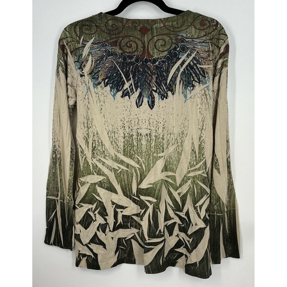 Decree XL Long Sleeve Statement Graphic Top Green Cream Bamboo Nature Print - Picture 3 of 8